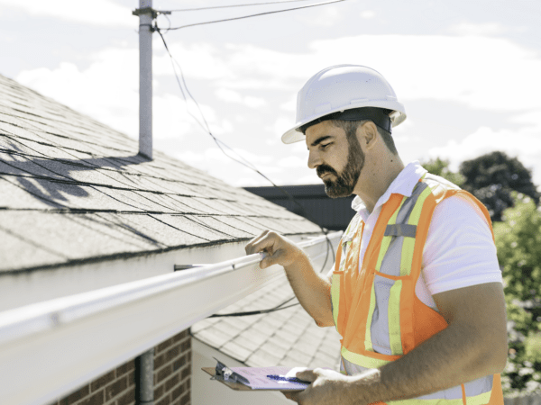 man in a hard hat holding a clipboard standing on the steps of an old rundown house